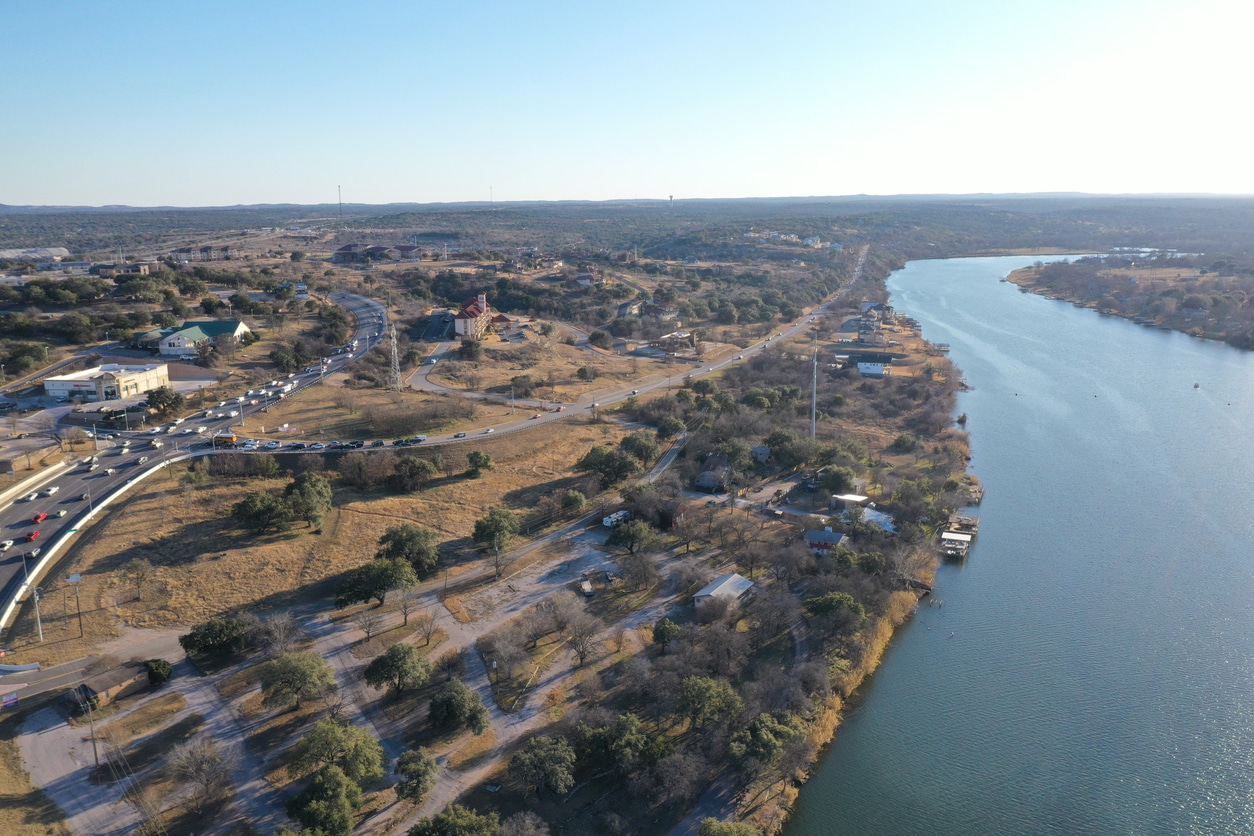 An aerial shot of the lake marble falls reservoir