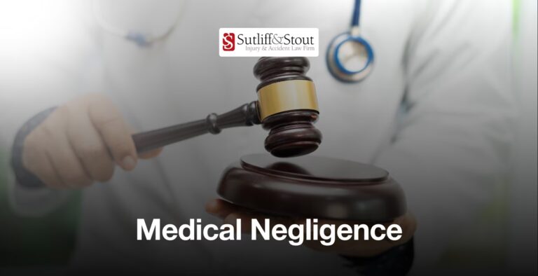 Gavel striking block with stethoscope and medical professional in background, Sutliff & Stout logo, Medical Negligence text overlay