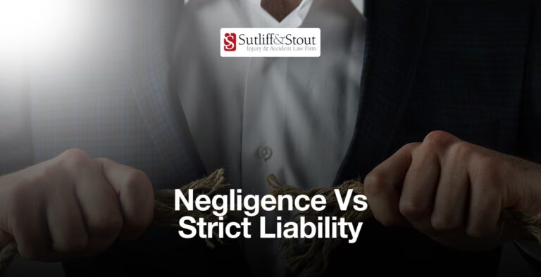 Sutliff & Stout logo with attorney in business attire, text reads "Negligence Vs Strict Liability