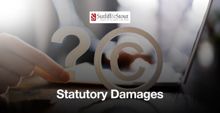 Hand touching copyright symbol with question mark, Sutliff & Stout logo above, "Statutory Damages" text below